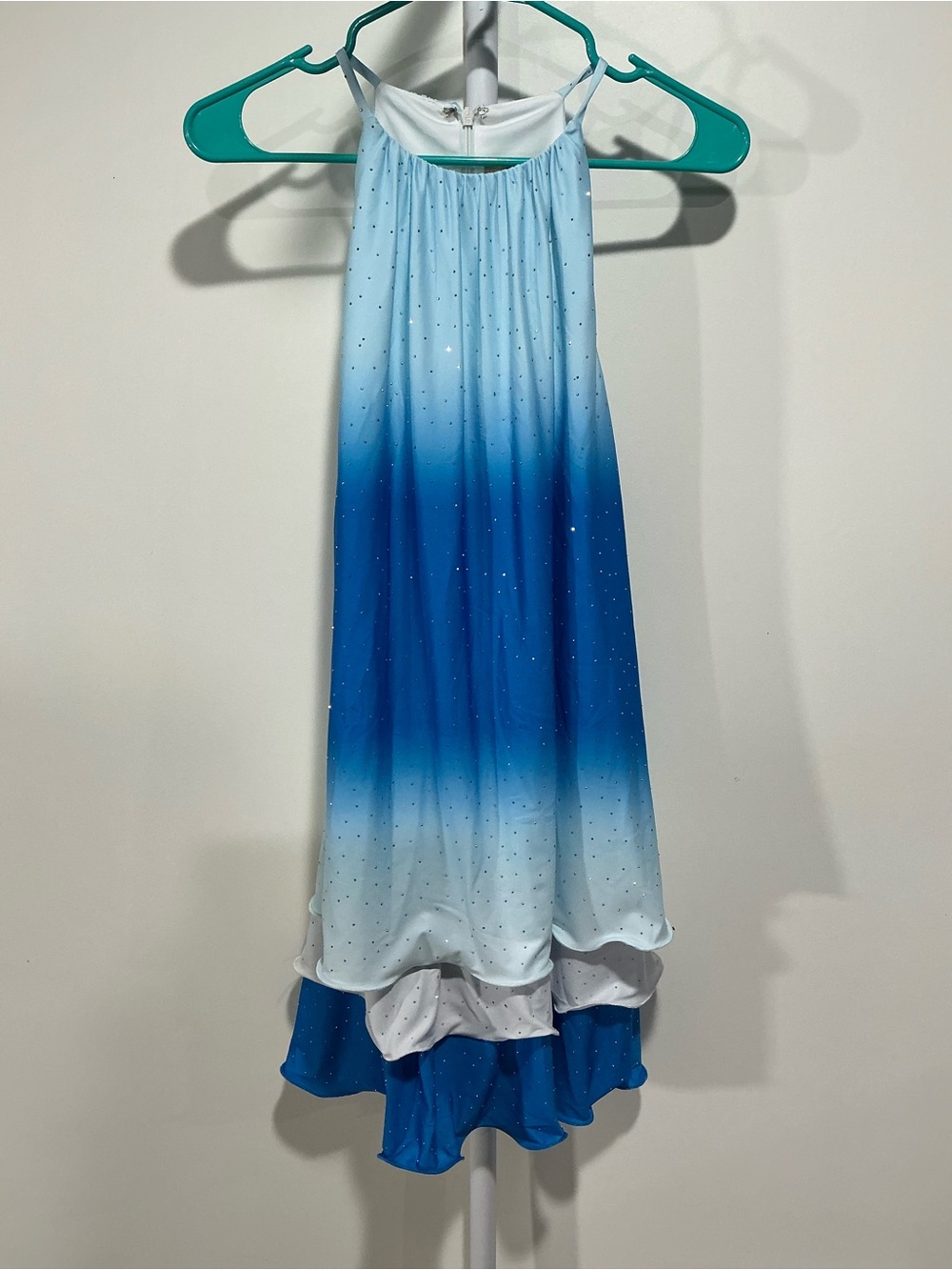 Badgley Mischka Ombre Blue Halter Ruffle Hem Dress